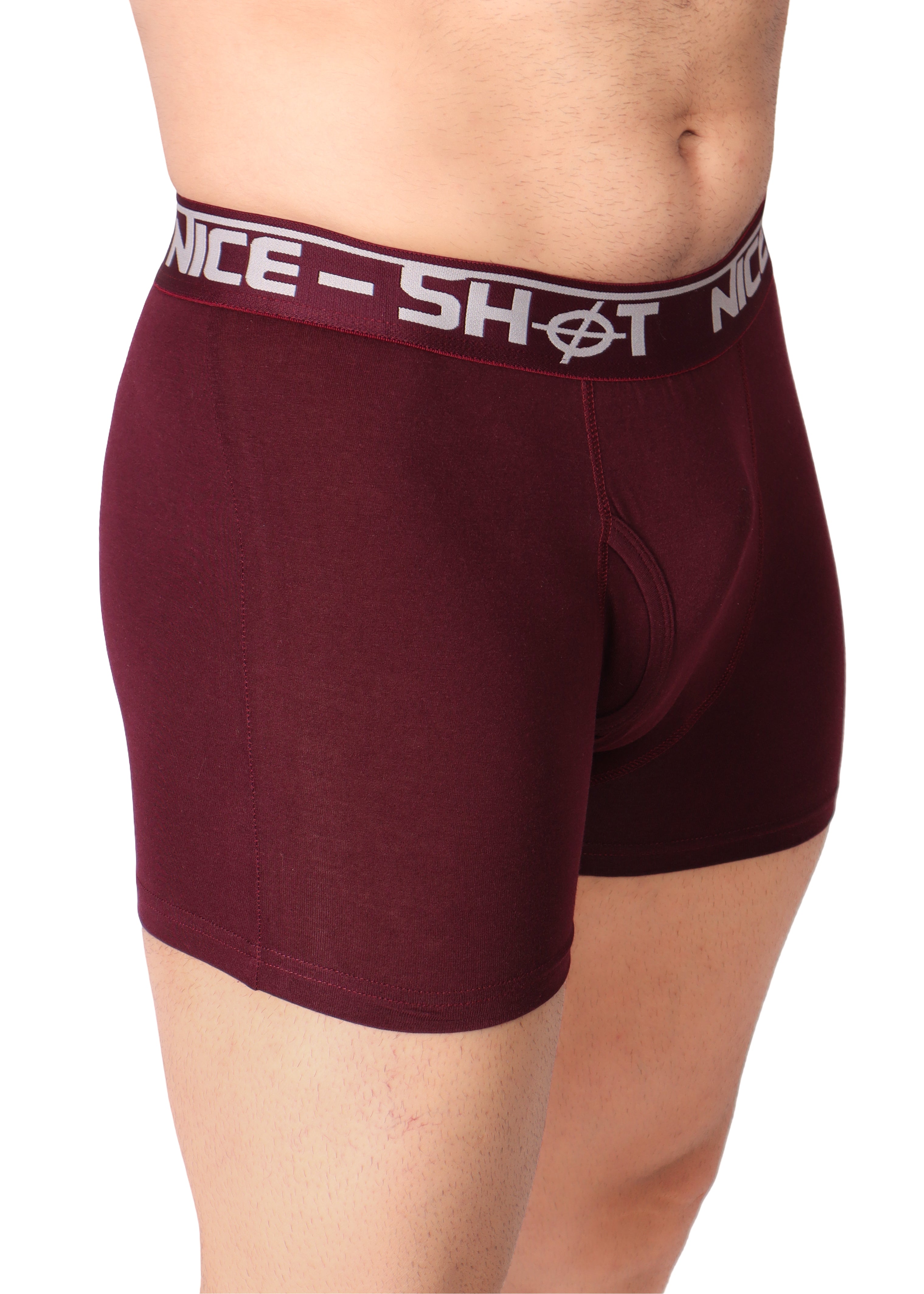 Men’s Boxer Briefs – Solid Maroon with Grey “NICE SHOT” Waistband
