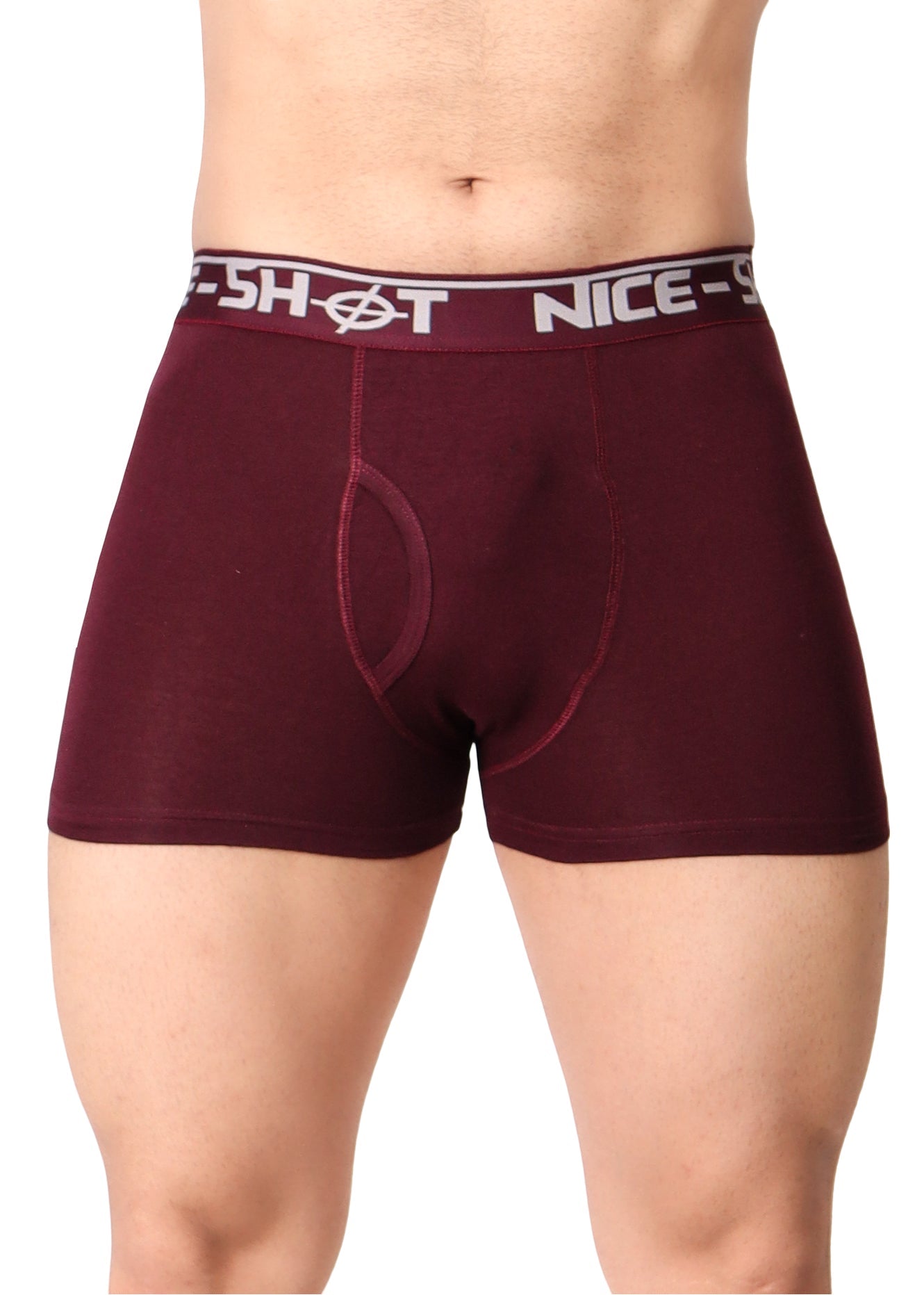 Men’s Boxer Briefs – Solid Maroon with Grey “NICE SHOT” Waistband