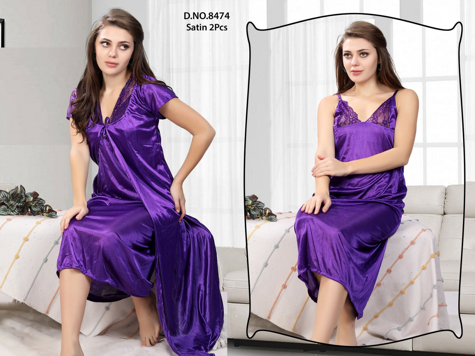 Royal Drape - Purple Satin 2-Piece Nightwear Set