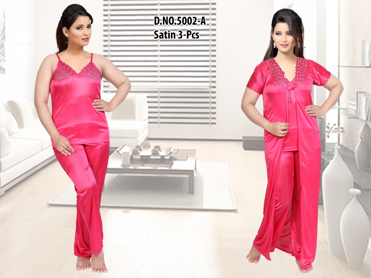 Blush Bloom - Pink Satin 3-Piece Nightwear Set