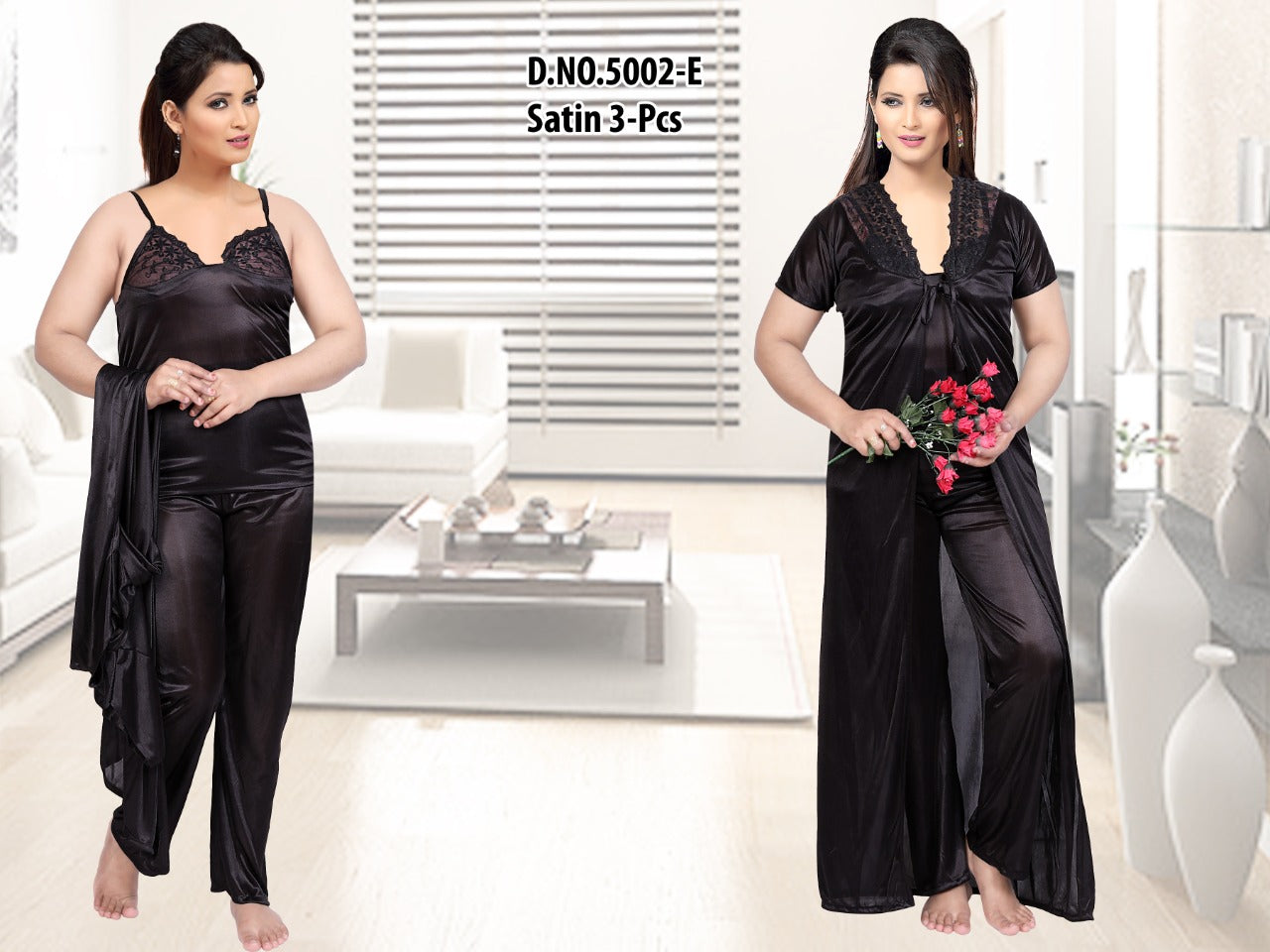 Midnight Grace - Black Satin 3-Piece Luxe Lounge Set