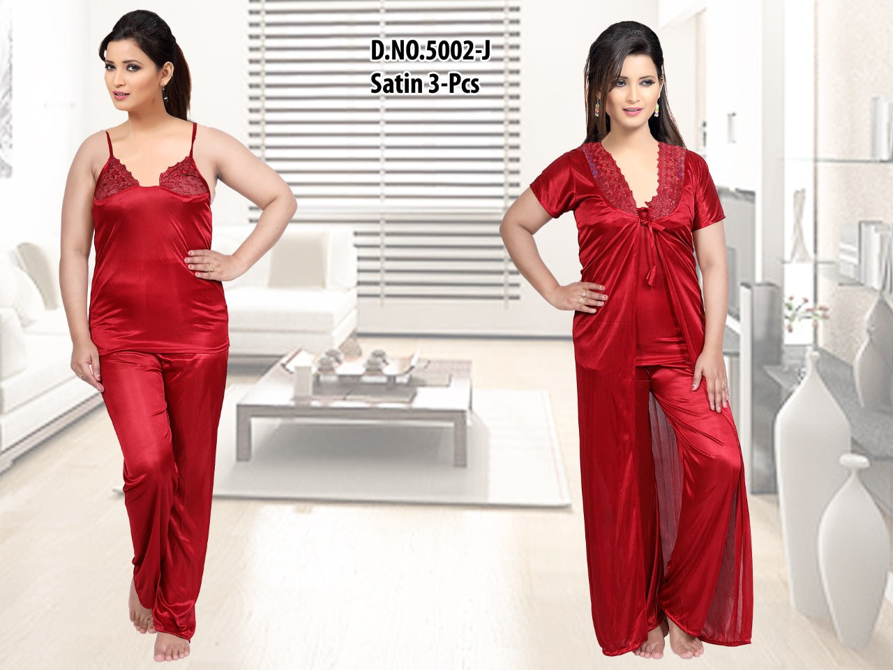 Crimson Allure - Satin 3-Piece Nightwear Set