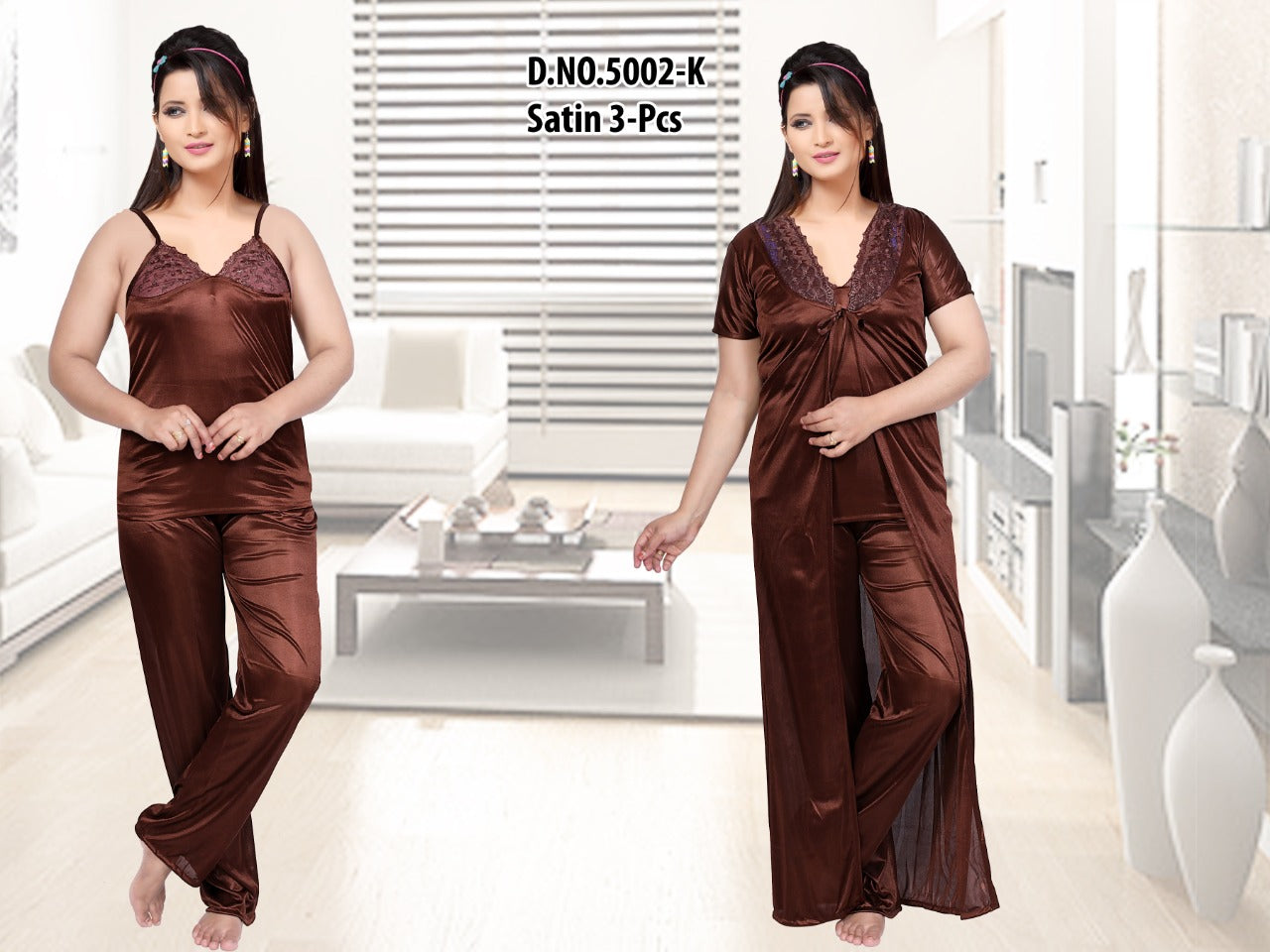 Mocha Muse - Satin 3-Piece Nightwear Set