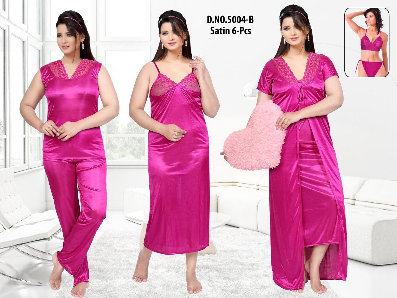 Pink Reverie - Satin 6-Piece Complete Nightwear Set