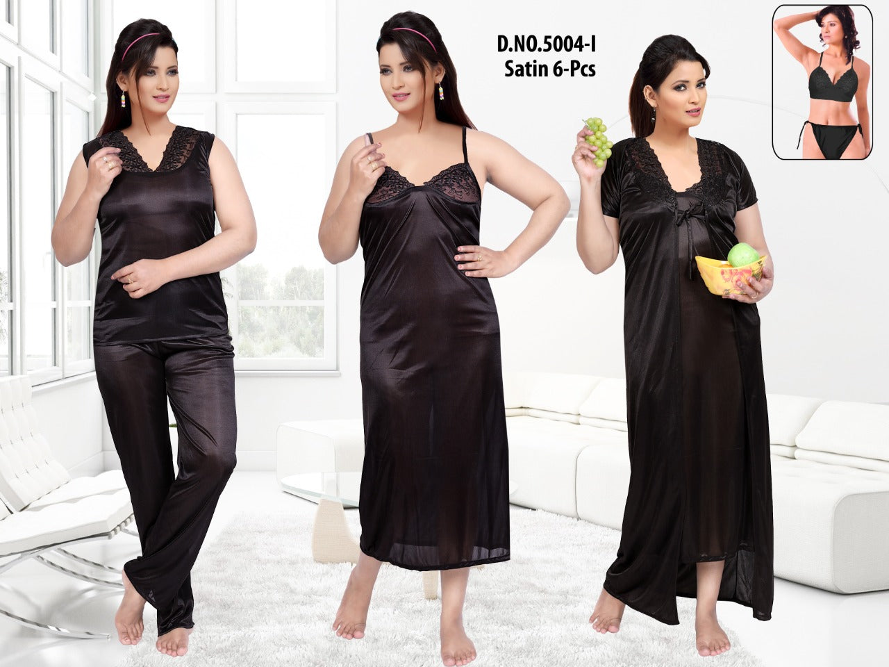 Noir Nights - Satin 6-Piece All-In-One Nightwear Set