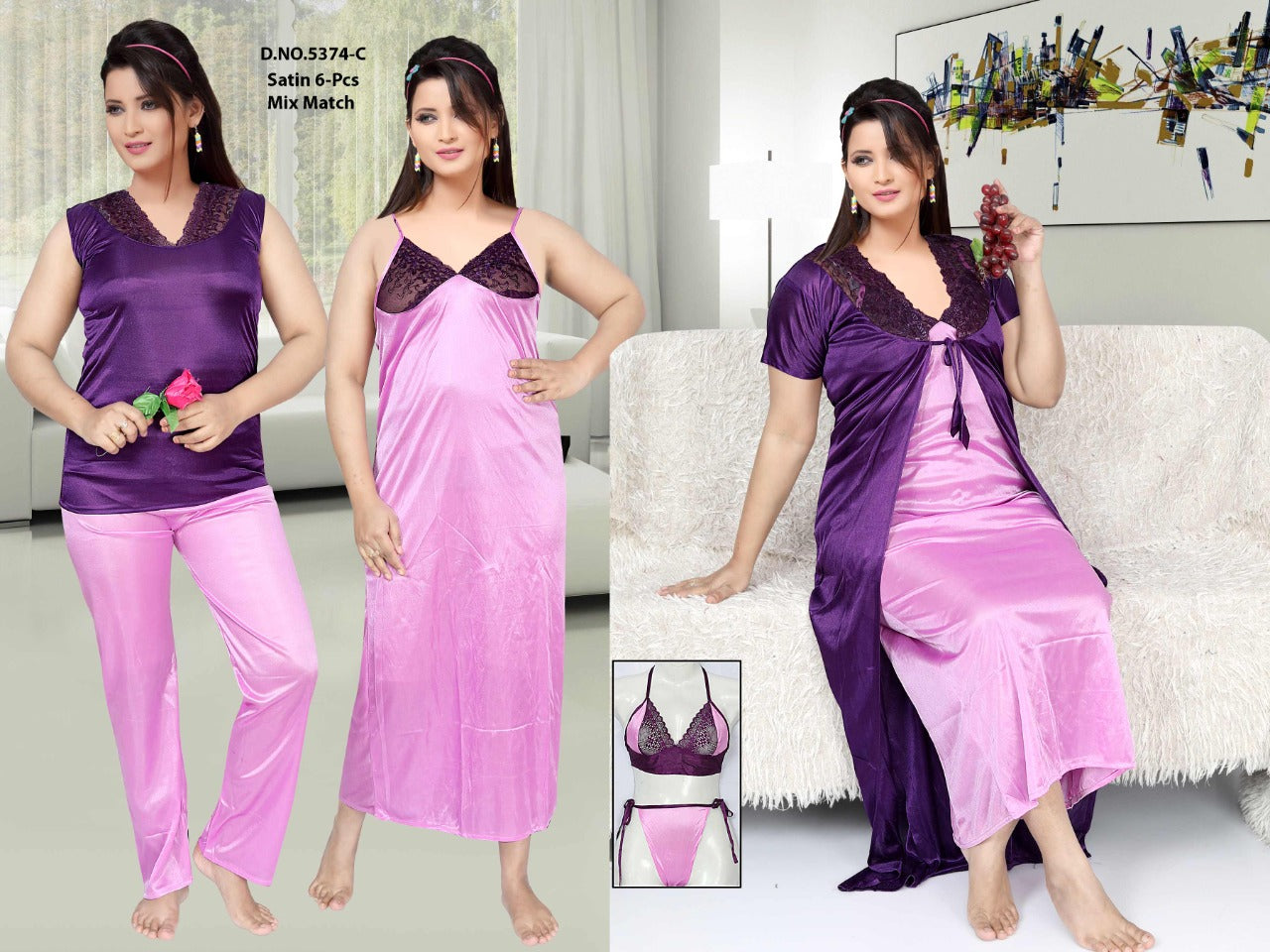 Berry Bloom - Satin 6-Piece Mix & Match Nightwear Set