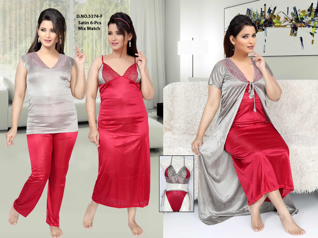 Moonlit Rouge - Satin 6-Piece Mix & Match Nightwear Set