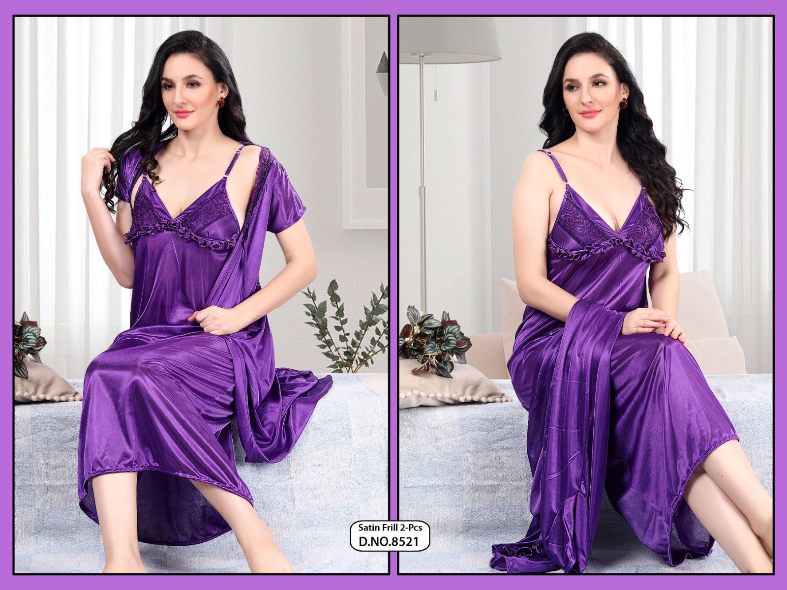 Twilight Bloom – Satin Frill 2-Piece Nightwear Set