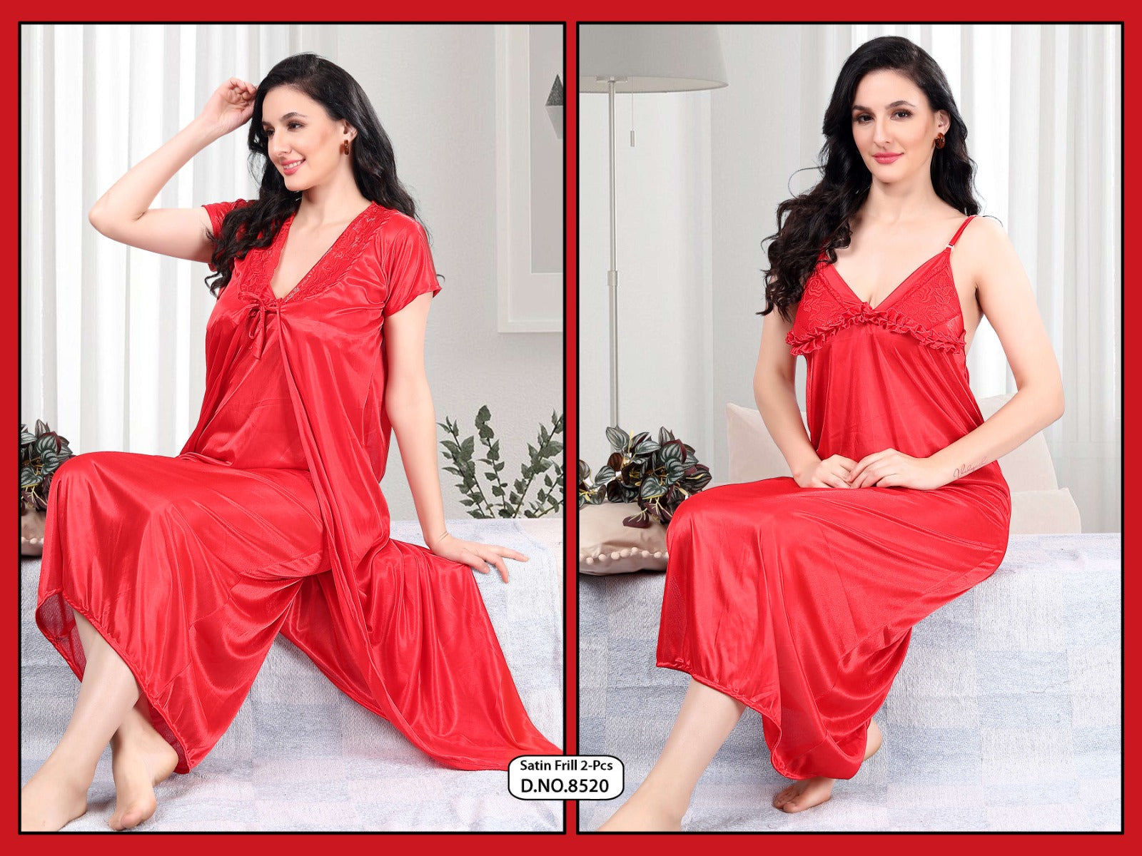 Red Ruffle Muse – Satin Frill 2-Piece Nightwear Set