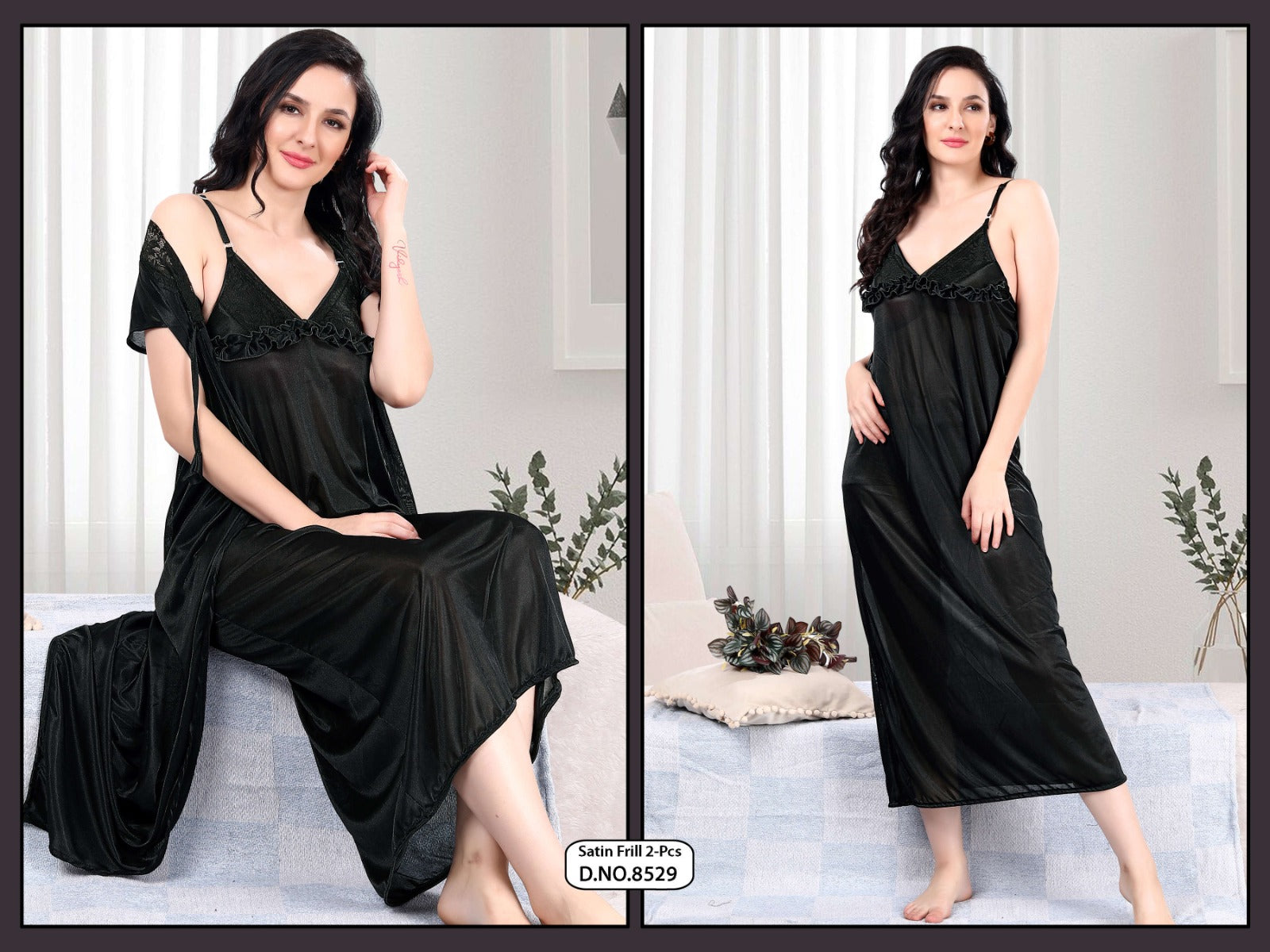 Midnight Black Satin Nightsuit – 2-Piece Luxe Sleepwear Set