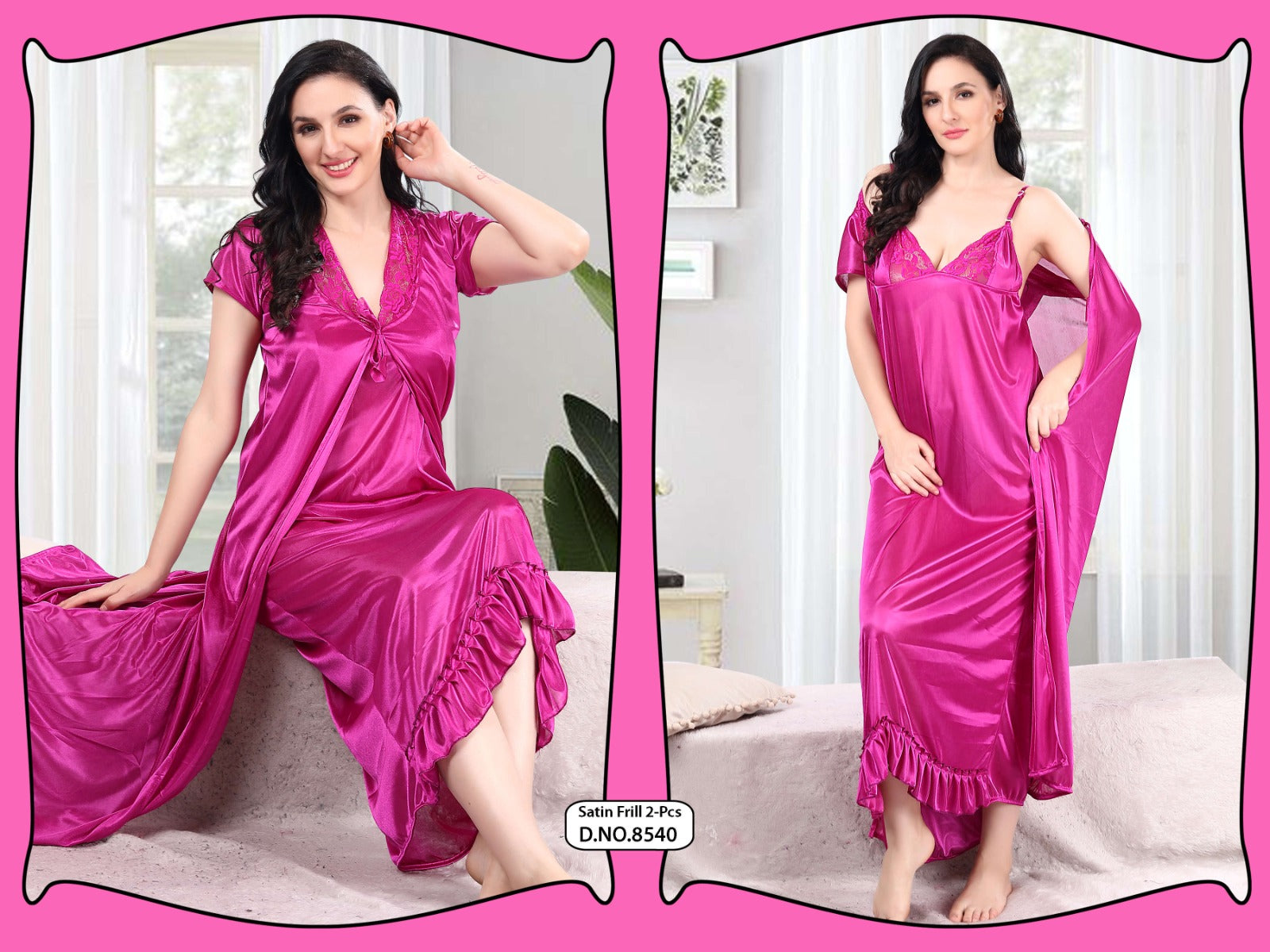 Fuchsia Glow Satin Nightsuit – 2-Piece Bold & Beautiful Loungewear