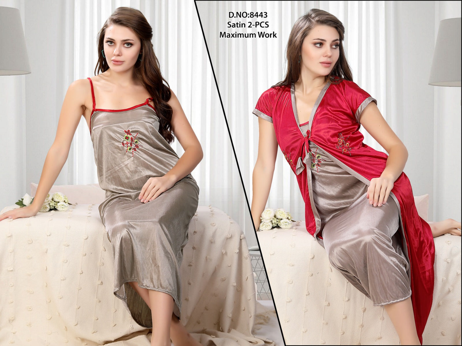 Royal Beige & Wine Satin Nightsuit – 2-Piece Embroidered Luxe Set