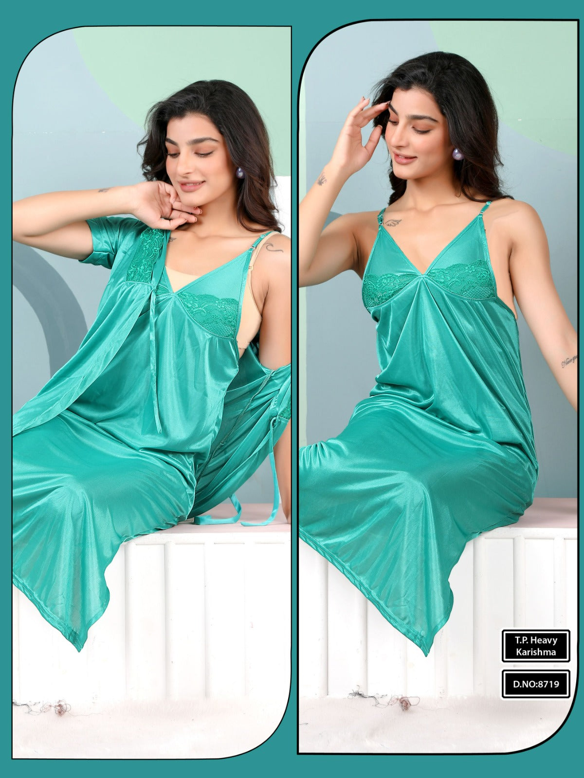 Aqua Teal Satin Nightsuit – 2-Piece T.P. Heavy Karishma Lounge Set